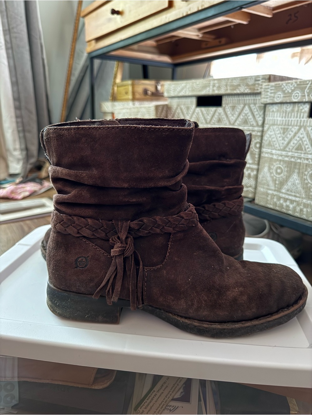 Born Dark Brown Suede Braided Ankle Boots with Tassel